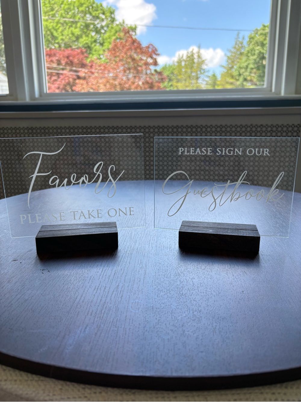 Acrylic Wedding Signs - 'Favors' & 'Guestbook' with Dark Wood Bases